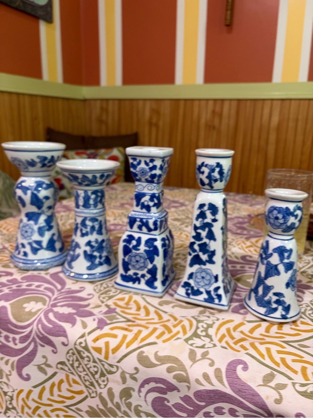 Blue and White Porcelain Candle Holders - Hand-Painted Floral Set